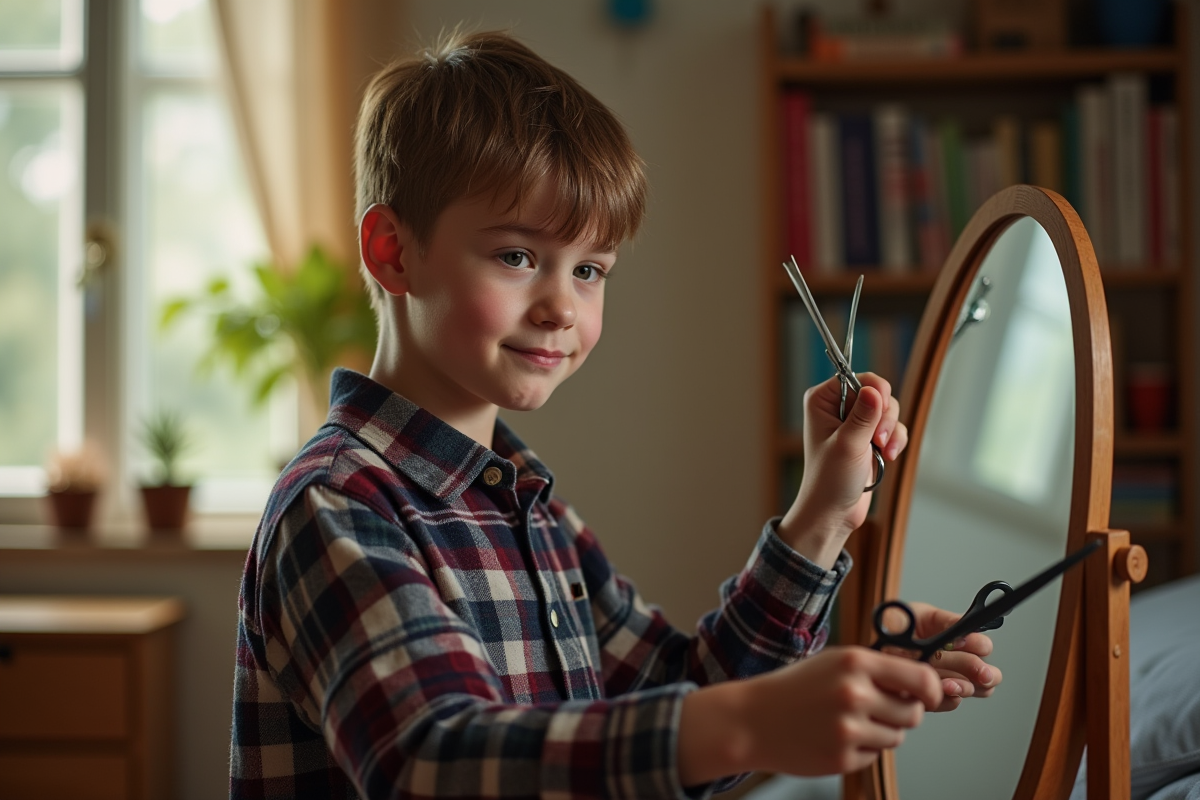 Adolescent se coiffant avec ciseaux dans sa chambre lumineuse