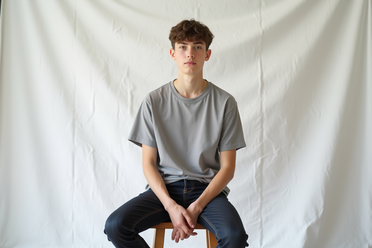 Jeune homme en studio avec t-shirt blanc et jeans