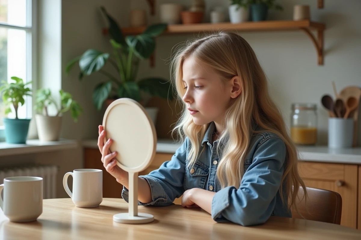 Jeune fille blonde regardant son reflet après avoir coiffé ses cheveux
