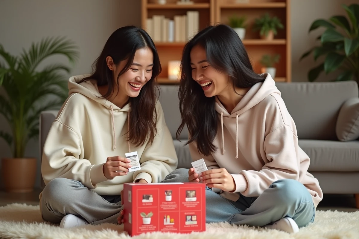 Deux amies découvrant ensemble les produits du calendrier de l'Avent YesStyle dans un salon cosy