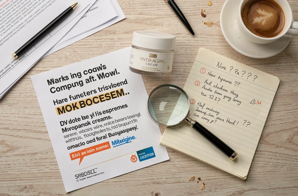 Pose à plat d'un pot de crème anti-âge avec des documents marketing annotés et une loupe sur un bureau de journaliste