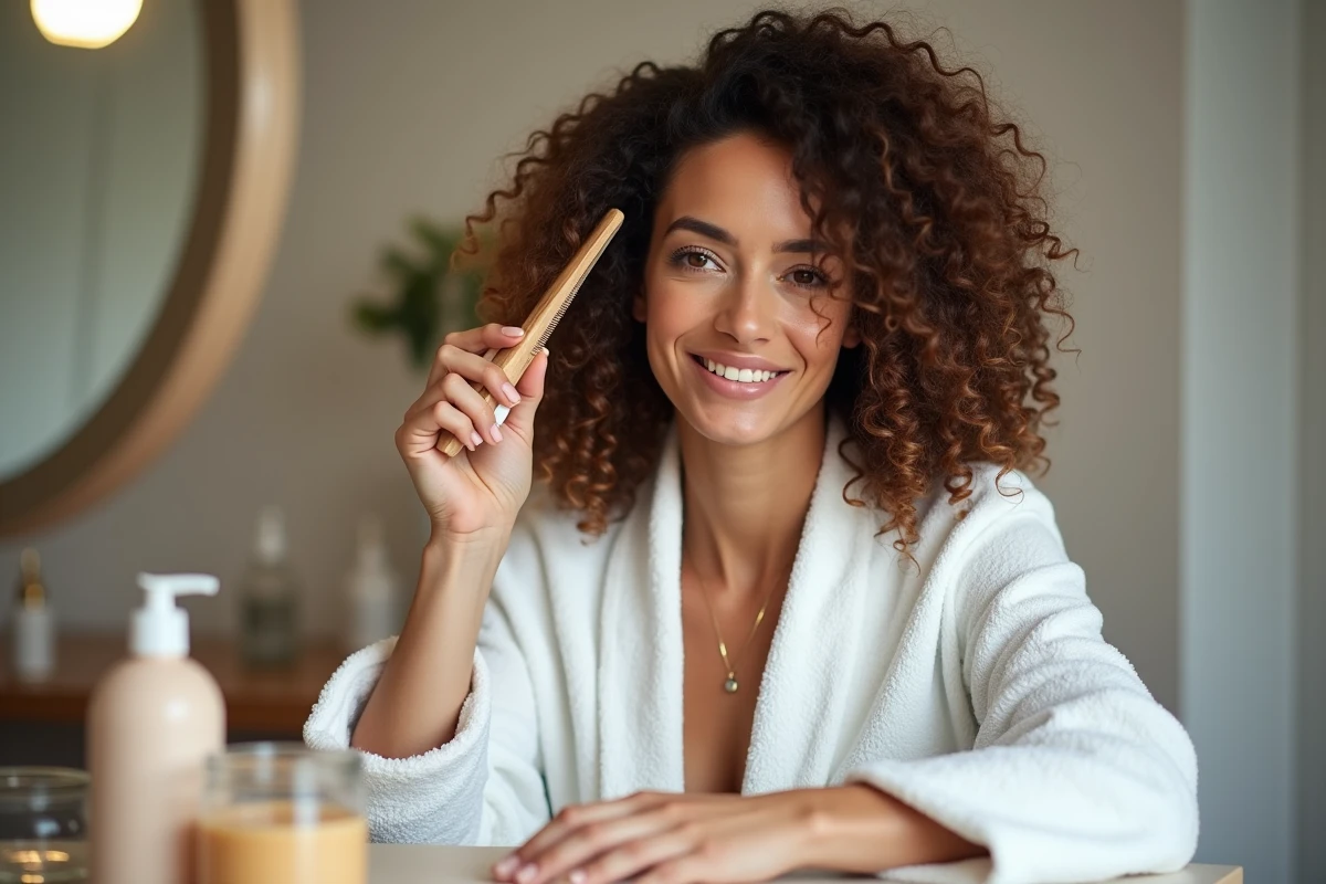 Femme appliquant une crème coiffante sur ses cheveux bouclés fins pour définir et volumiser les boucles