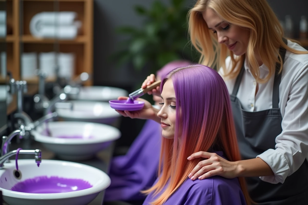 Coiffeuse professionnelle appliquant une patine violette pour neutraliser les reflets orangés sur cheveux colorés