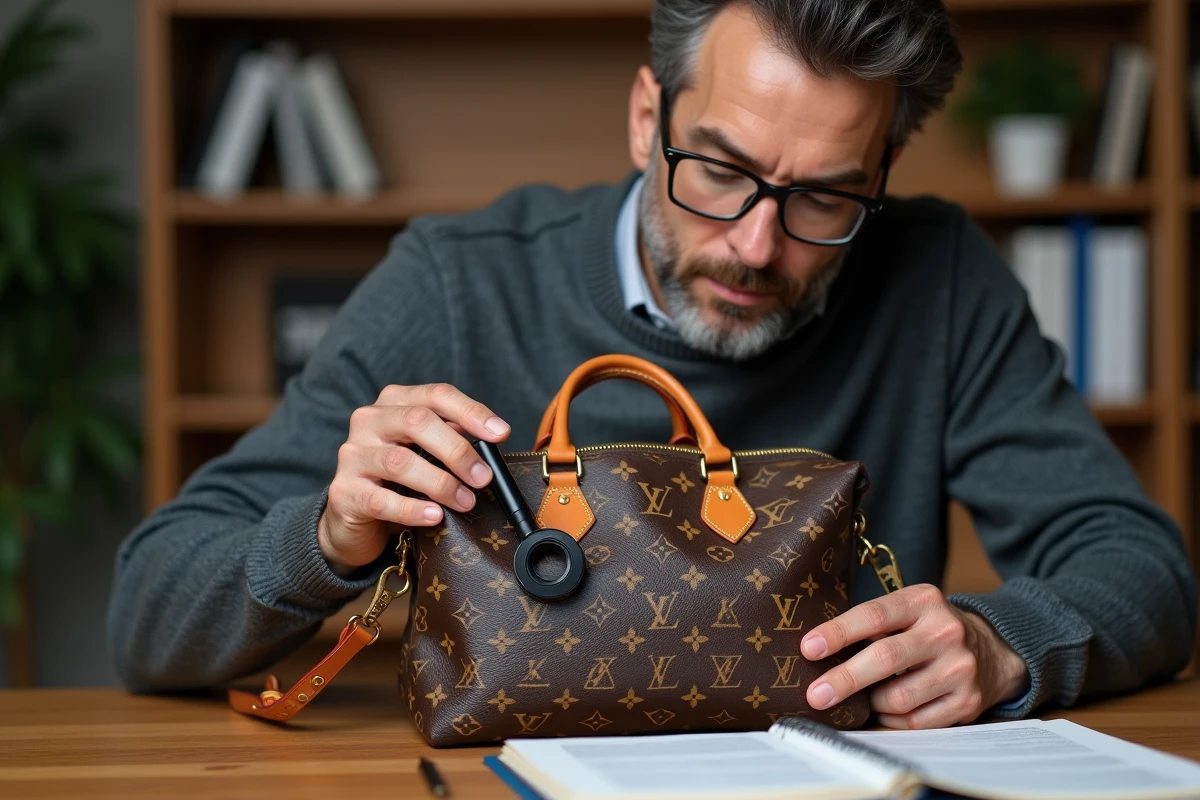Homme utilisant une loupe pour authentifier un sac Louis Vuitton Speedy d'occasion à domicile