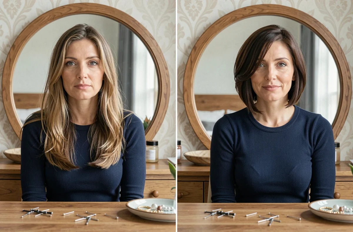 Comparaison avant-après coupe de cheveux asymétrique bob, femme devant sa coiffeuse à domicile