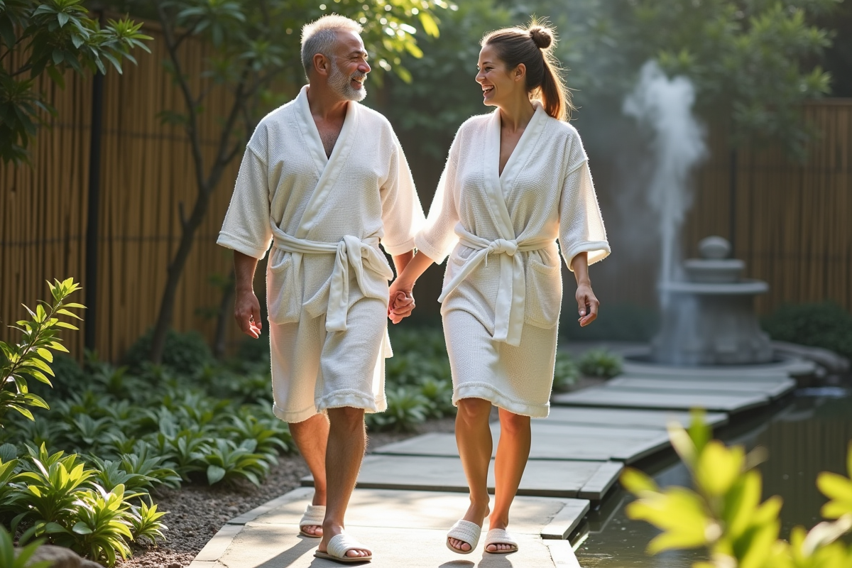 Couple marchant dans un jardin spa avec éclats de rire
