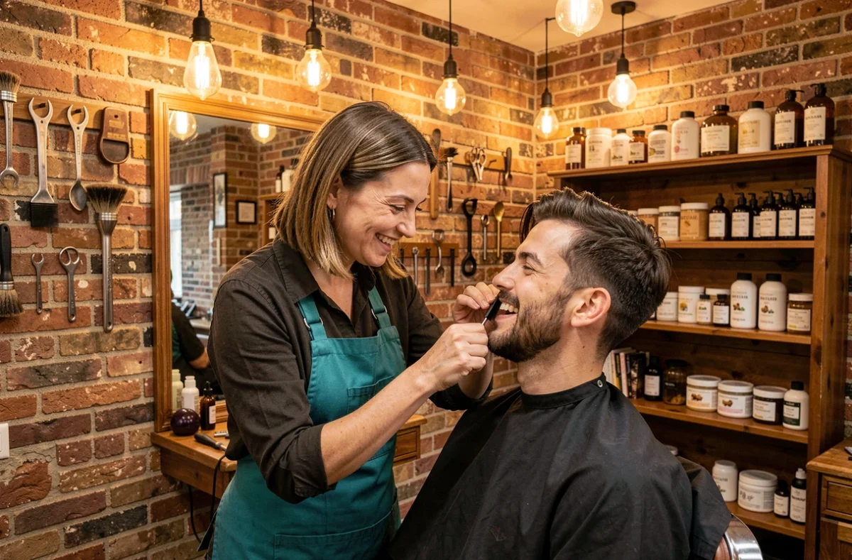 Barbière taillant la barbe d'un jeune client dans l'atmosphère chaleureuse du salon La Barbe de Papa Aubière près de Clermont-Ferrand