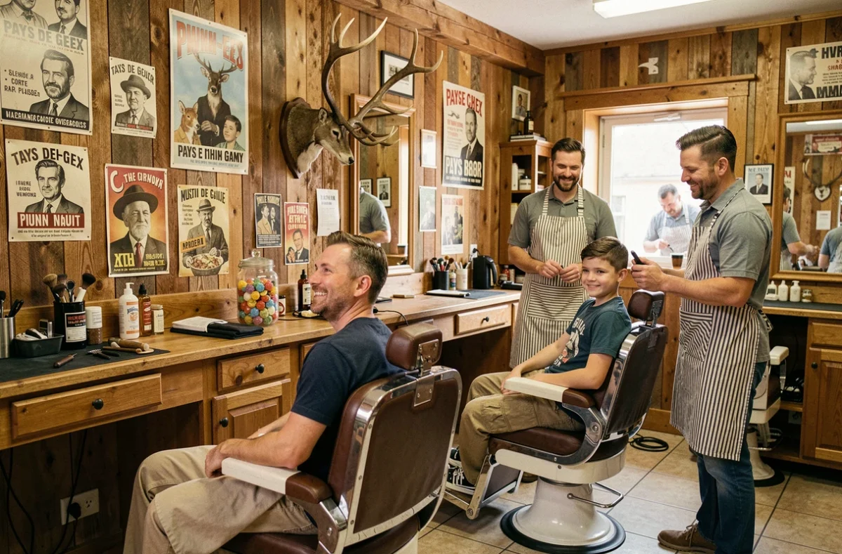 Ambiance chaleureuse du salon La Barbe de Papa à Val Thoiry dans le Pays de Gex avec deux fauteuils de barbier et décoration vintage