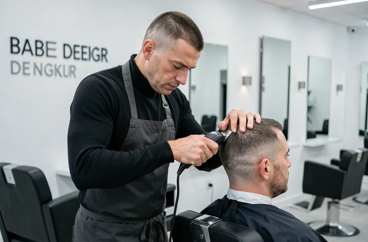 Barbier styliste au travail dans le salon moderne Barber Designer en Bretagne