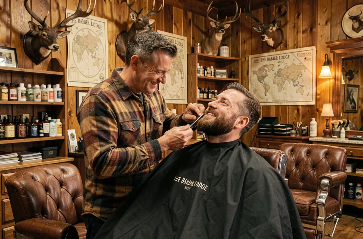 Intérieur chaleureux du salon The Barber Lodge AVEC avec un barbier en chemise à carreaux