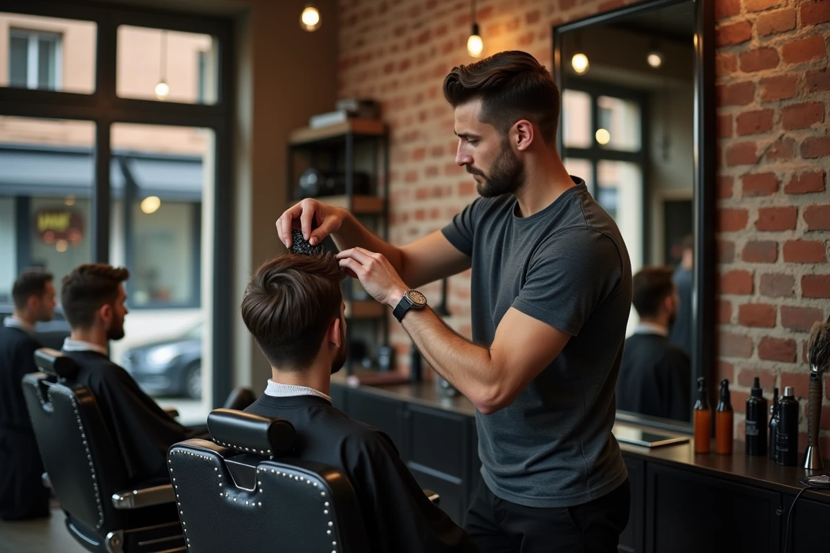Barbier styliste coiffant un client dans un salon de coiffure tendance à Toulouse avec décoration industrielle
