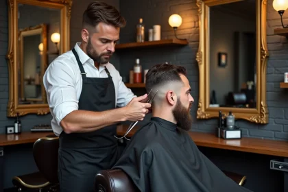 Barbier professionnel réalisant un dégradé précis sur un client dans un salon de coiffure masculin moderne à Lille avec décoration vintage