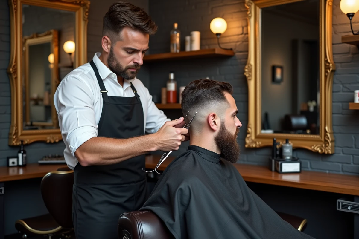 Barbier professionnel réalisant un dégradé précis sur un client dans un salon de coiffure masculin moderne à Lille avec décoration vintage