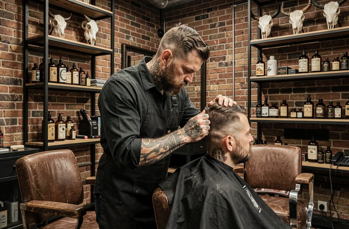 Ambiance brute et industrielle du salon Beast Barber en Bretagne avec un barbier tatoué