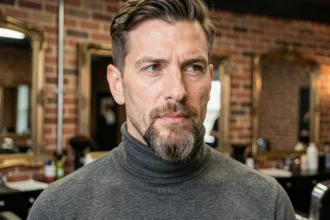 Homme aux cheveux courts arborant un bouc asymétrique finement taillé dans un salon de coiffure urbain contemporain
