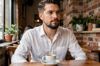 Homme aux 30 ans avec bouc menton et moustache soignés assis dans un café urbain, portrait en buste