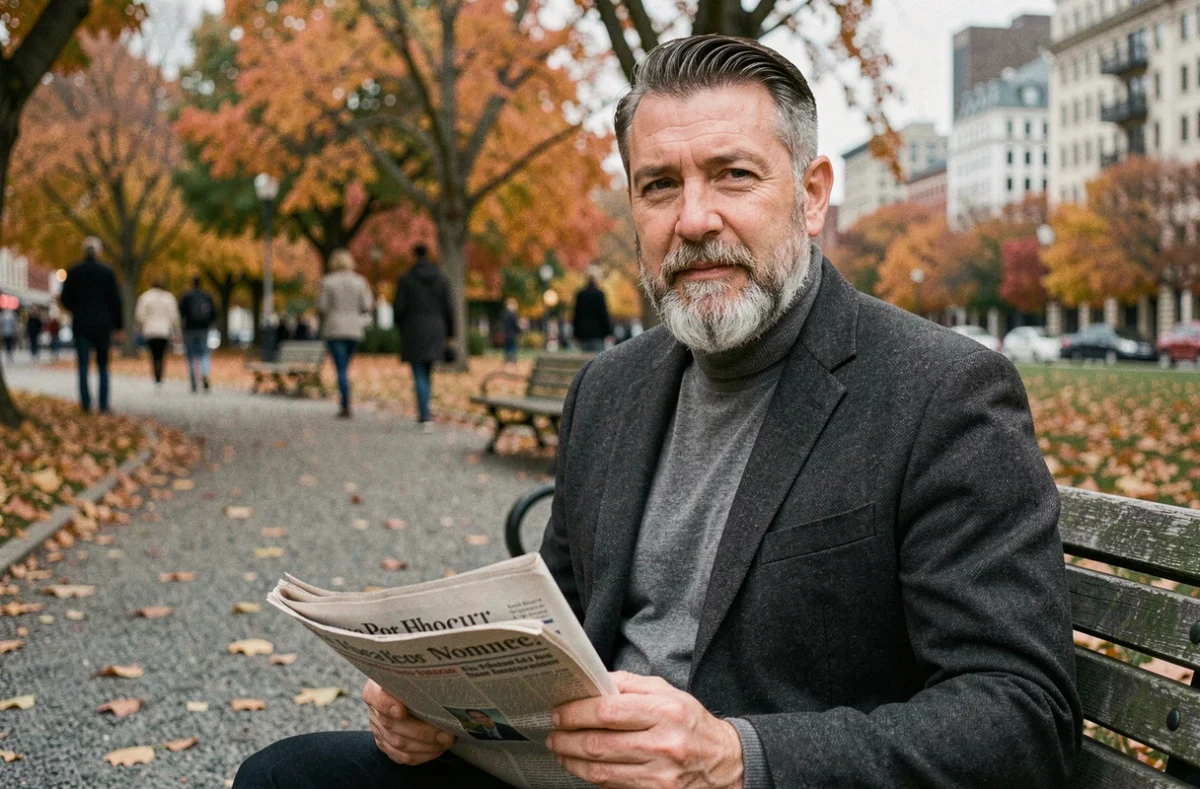 Homme de 45 ans avec bouc poivre et sel élégant assis dans un parc urbain en automne, style éditorial