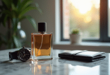 Bouteille de parfum masculin élégante sur une table en marbre