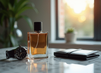 Bouteille de parfum masculin élégante sur une table en marbre