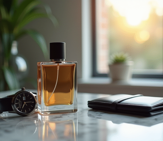 Bouteille de parfum masculin élégante sur une table en marbre