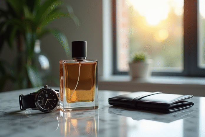 Bouteille de parfum masculin élégante sur une table en marbre