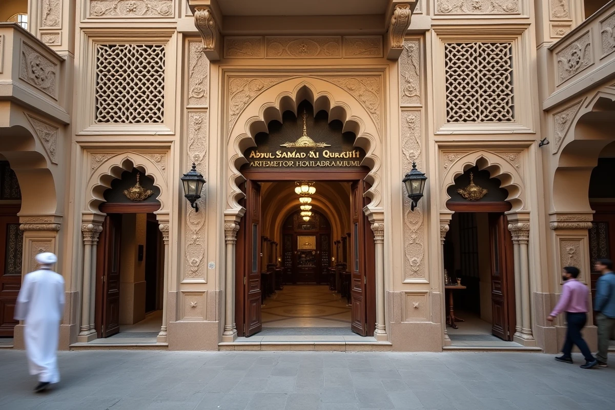 Devanture historique d'une boutique Abdul Samad Al Qurashi dans un souk traditionnel d'Arabie Saoudite, architecture islamique et lanternes en laiton