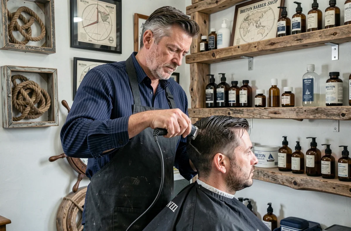 Barbier en marinière bretonne dans l'ambiance maritime du Breton Barber Shop