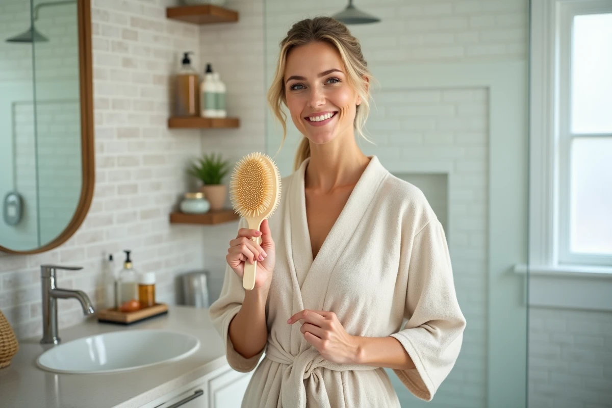 Femme pratiquant le brossage à sec à la maison pour lutter contre la cellulite sans aller en salle de sport