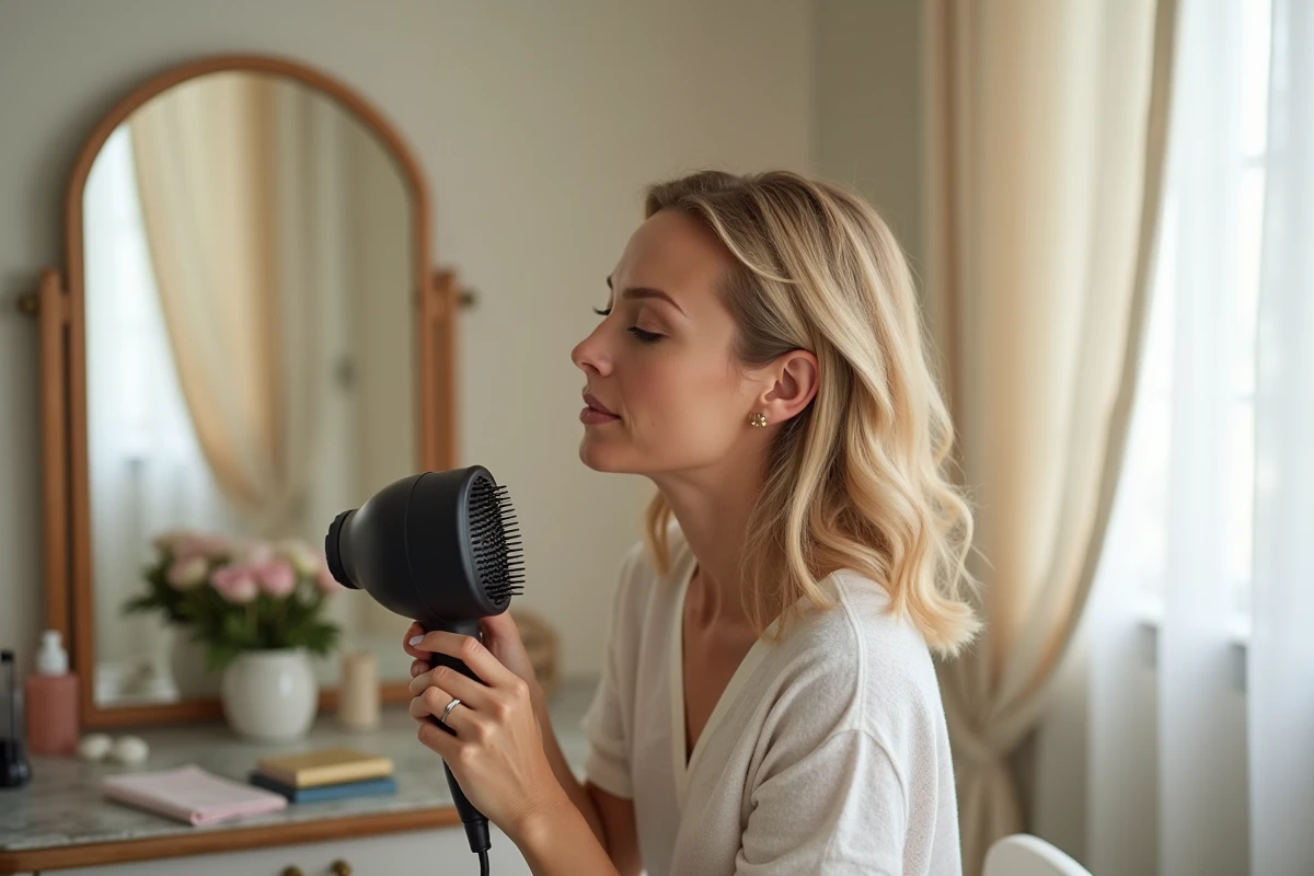 Femme aux cheveux fins utilisant une brosse soufflante pour volumiser les racines à la coiffeuse