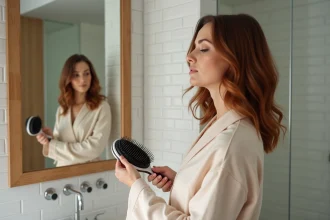 Femme utilisant une brosse soufflante pour donner du volume aux racines dans une salle de bain moderne