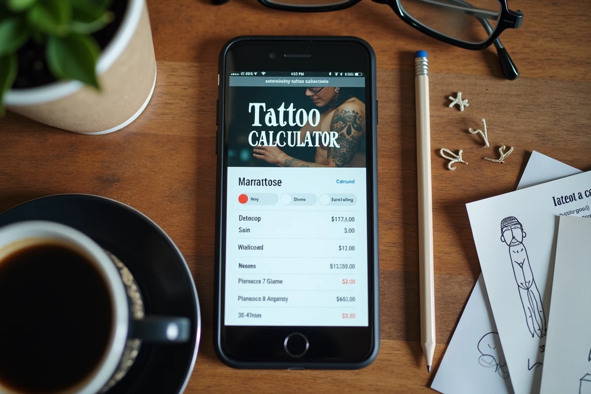 Vue de dessus d'une calculette de coût de tatouage affichée sur un smartphone entouré de croquis et d'une feuille d'estimation des prix