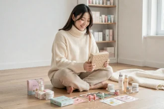 Jeune femme tenant un calendrier de l'avent beauté coréenne entourée de produits Kbeauty miniatures sur un parquet en bois clair