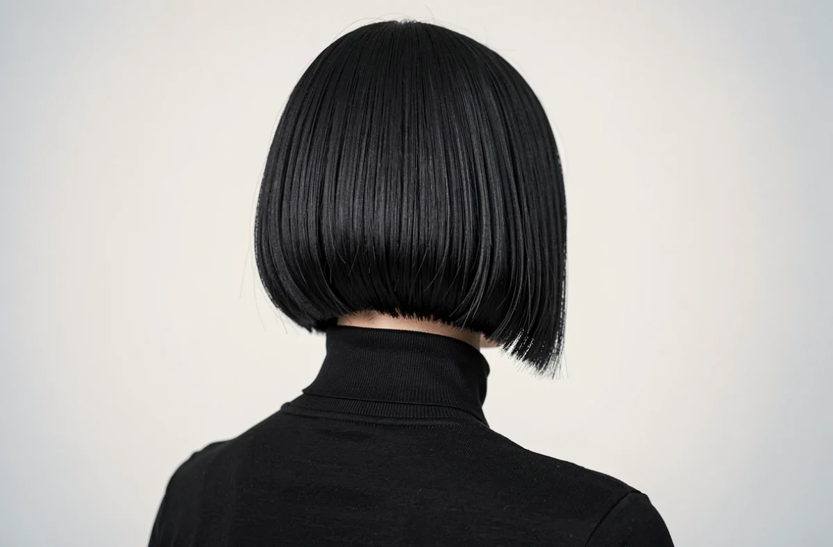 Vue de dos d'une femme avec un carré dégradé noir géométrique et une frange droite précise