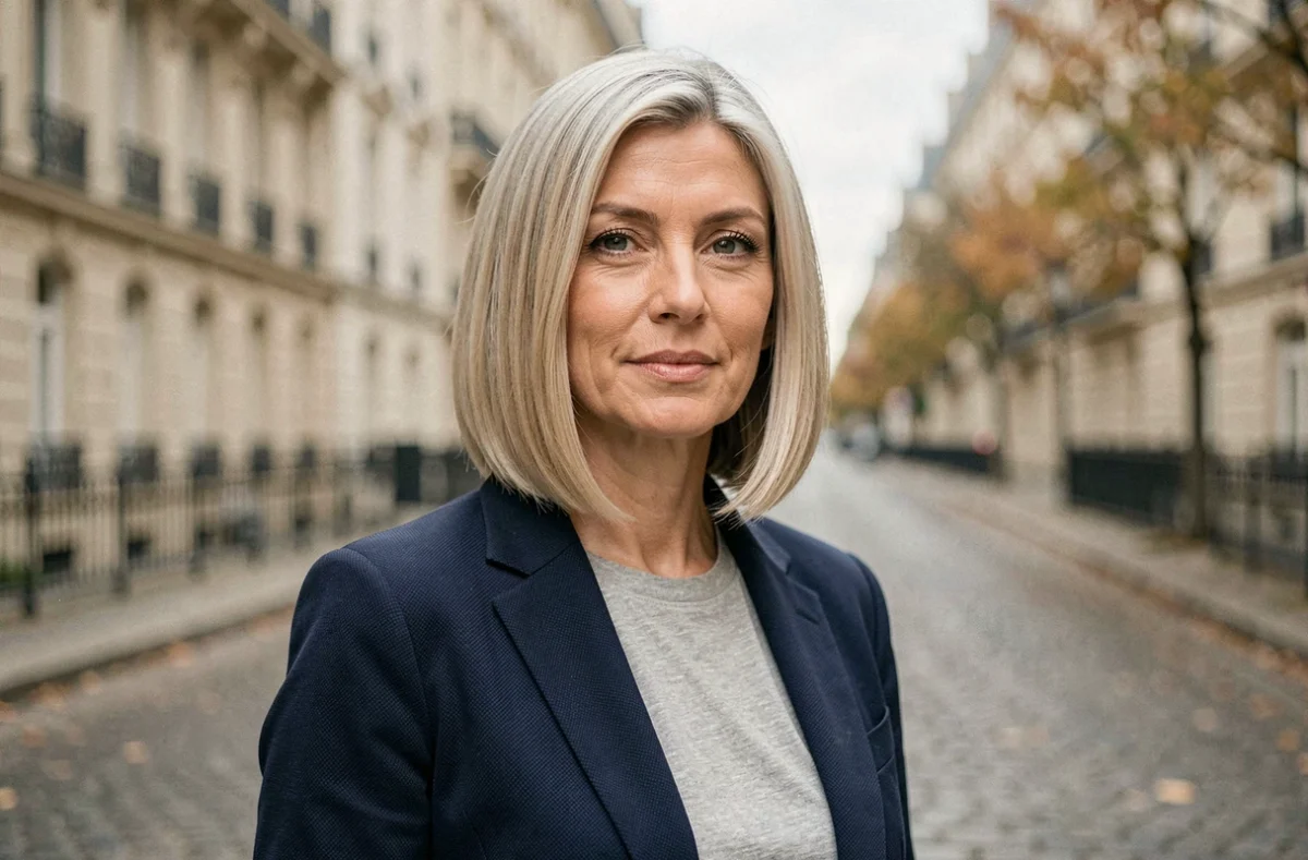 Femme blonde avec un carré plongeant dégradé en extérieur dans une rue parisienne