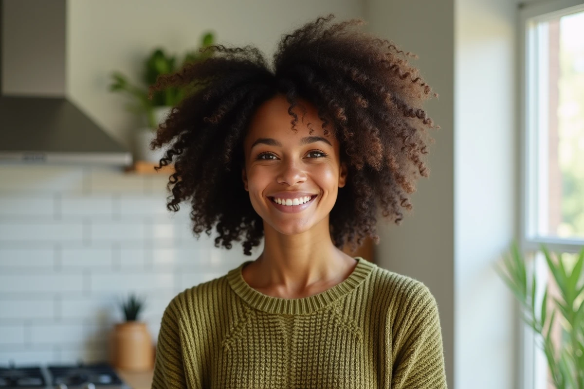 Femme aux cheveux bouclés fins et volumineux stylisés dans une cuisine moderne lumineuse