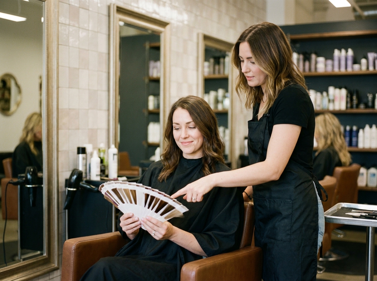 Femme en salon de coiffure choisissant sa couleur de cheveux avec l'aide d'une coloriste professionnelle