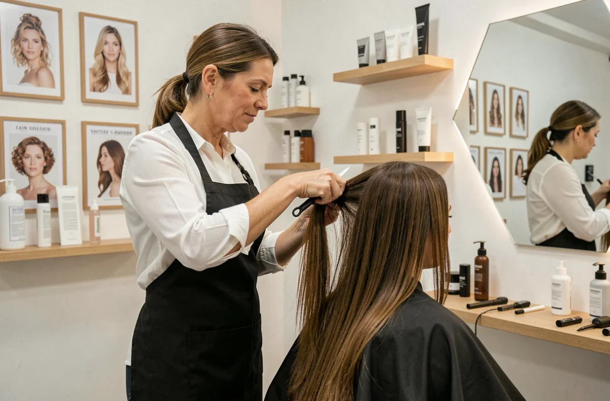 Coiffeuse professionnelle effectuant une coupe de cheveux pour une cliente dans le salon Chrisland à Sainte-Geneviève-des-Bois