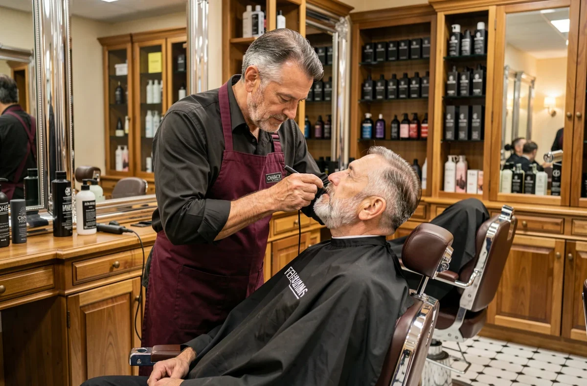 Barbier expérimenté sculptant la barbe d'un client dans le salon Christian Barbot Coiffeur à Oyonnax