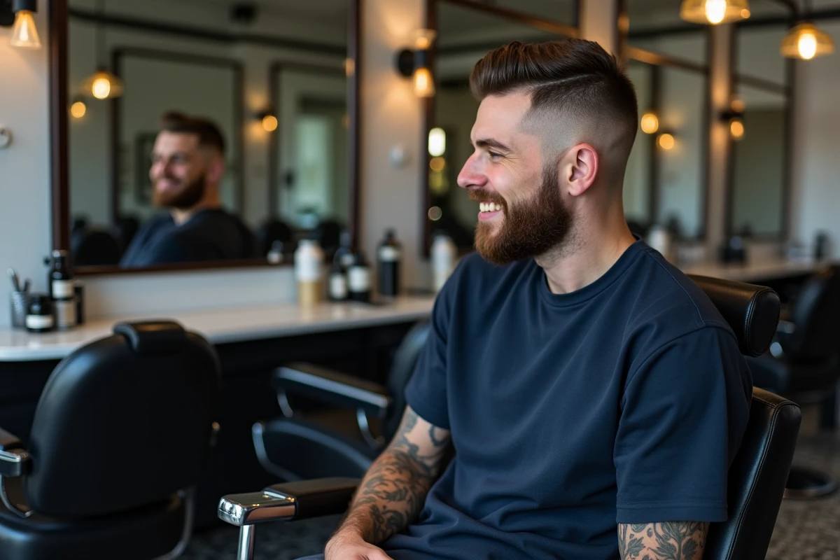 Client satisfait admirant sa coupe et sa barbe taillée dans le miroir d'un barbershop haut de gamme style vintage à Lille