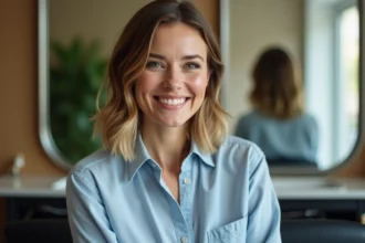 Femme souriante dans un salon de coiffure moderne