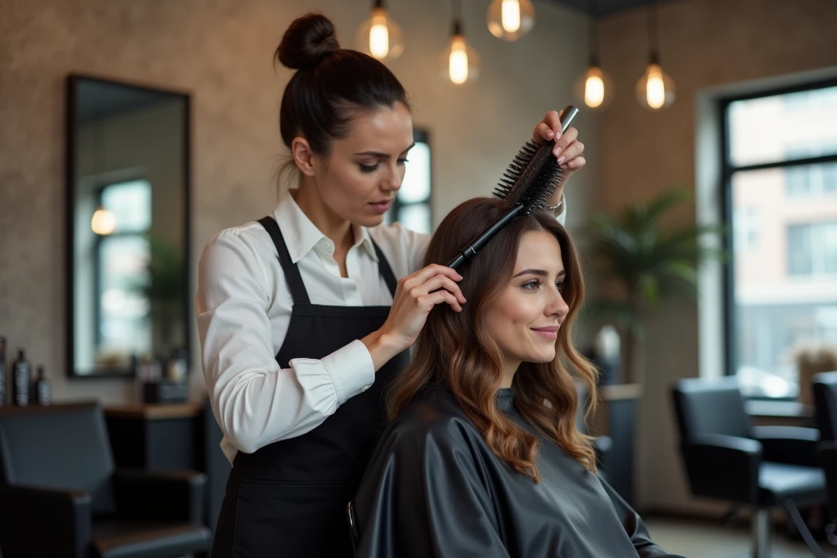 Coiffeuse professionnelle utilisant une brosse soufflante pour créer du volume aux racines en salon