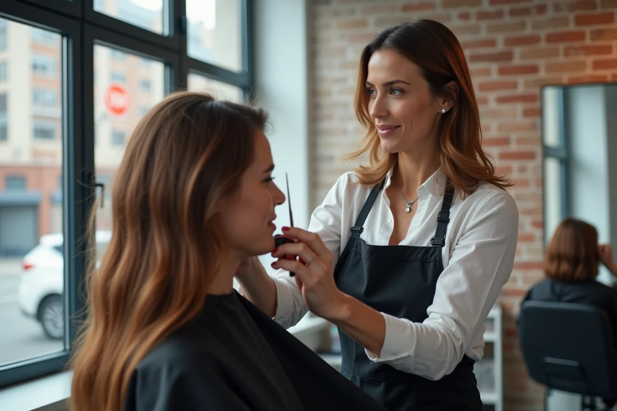 Coiffeuse professionnelle réalisant une coupe dégradée mi-longue sur une cliente en salon