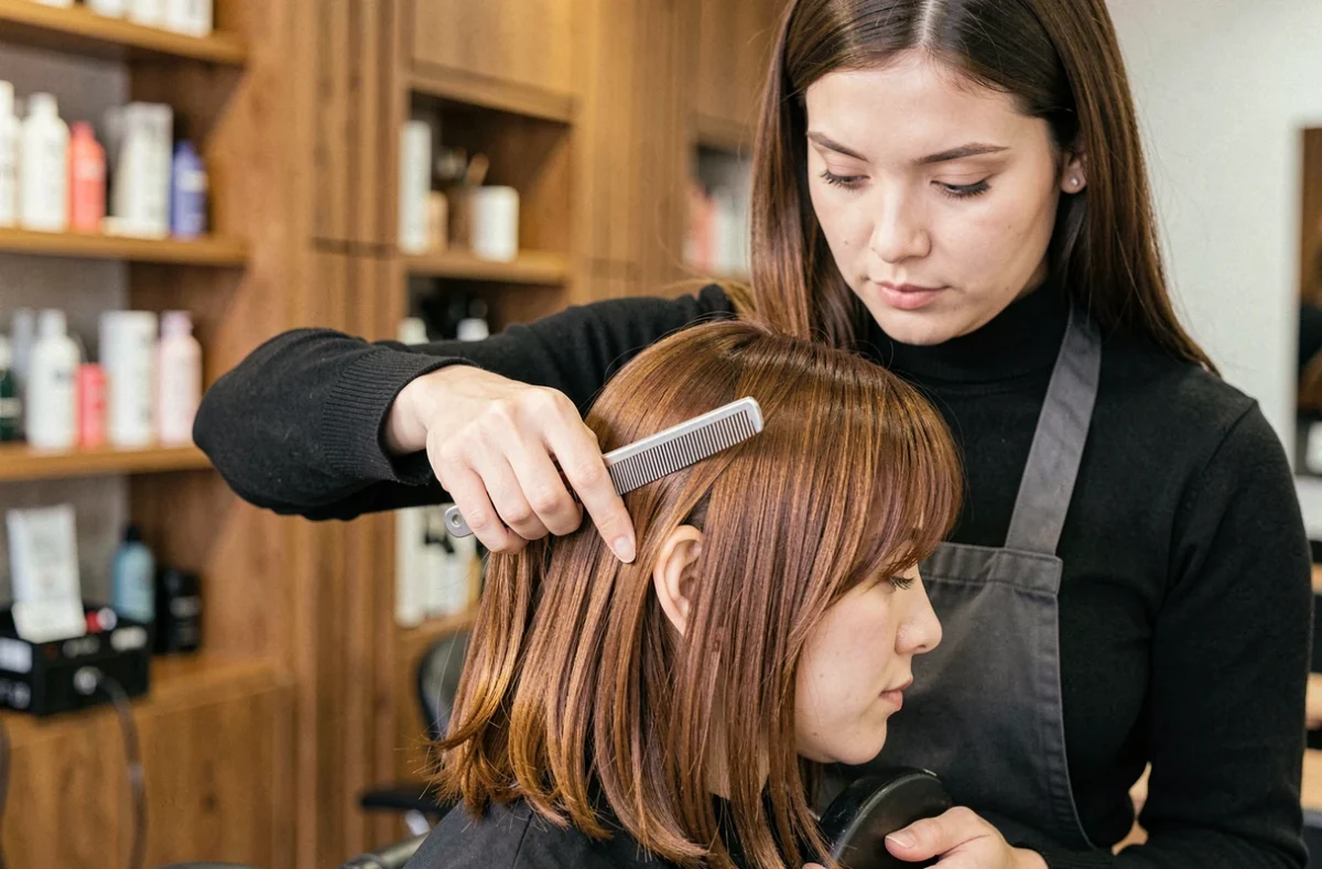 Coiffeuse professionnelle peignant les cheveux mi-longs dégradés d'une cliente en salon de coiffure