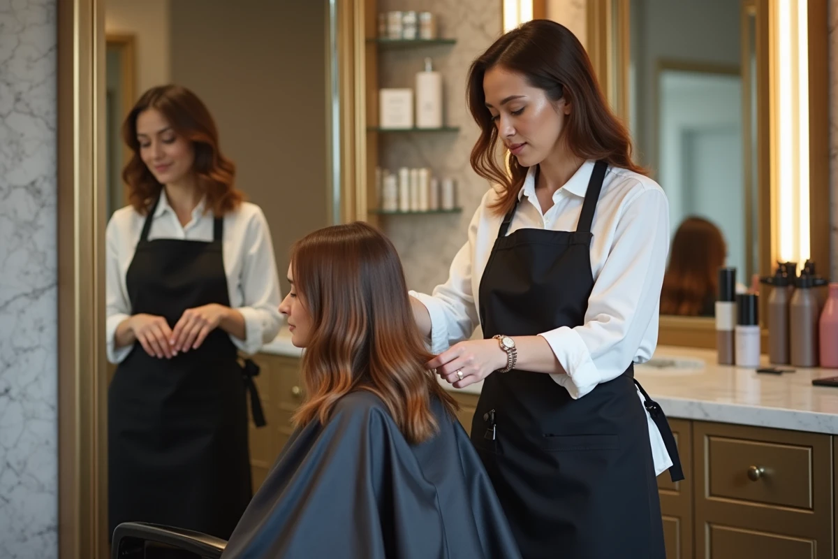 Coiffeuse professionnelle à Toulouse réalisant une coupe soignée sur une cliente en salon de coiffure moderne