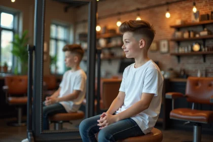 Adolescent de 14 ans avec une coupe fondu moderne assis dans un salon de coiffure vintage