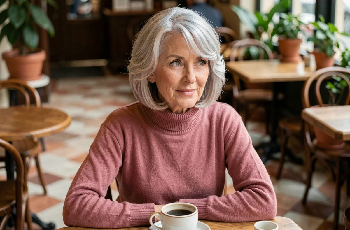 Femme de 75 ans arborant un carré plongeant ondulé blanc et argenté qui valorise les traits du visage dans un café parisien