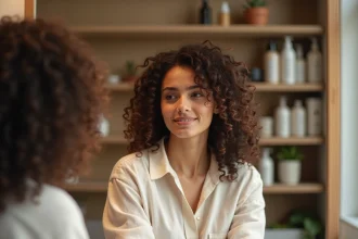 Femme aux cheveux bouclés fins coiffés avec du volume, assise devant un miroir de salle de bain