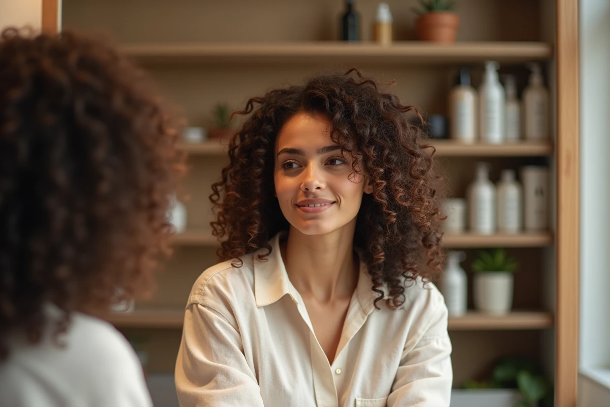 Femme aux cheveux bouclés fins coiffés avec du volume, assise devant un miroir de salle de bain