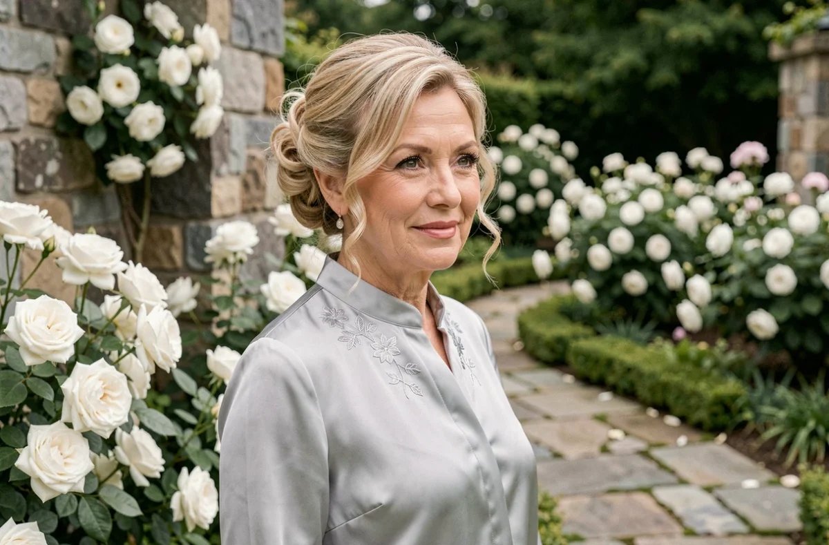 Femme élégante de 78 ans avec un chignon romantique aux mèches argentées encadrant le visage dans un jardin fleuri en plein air