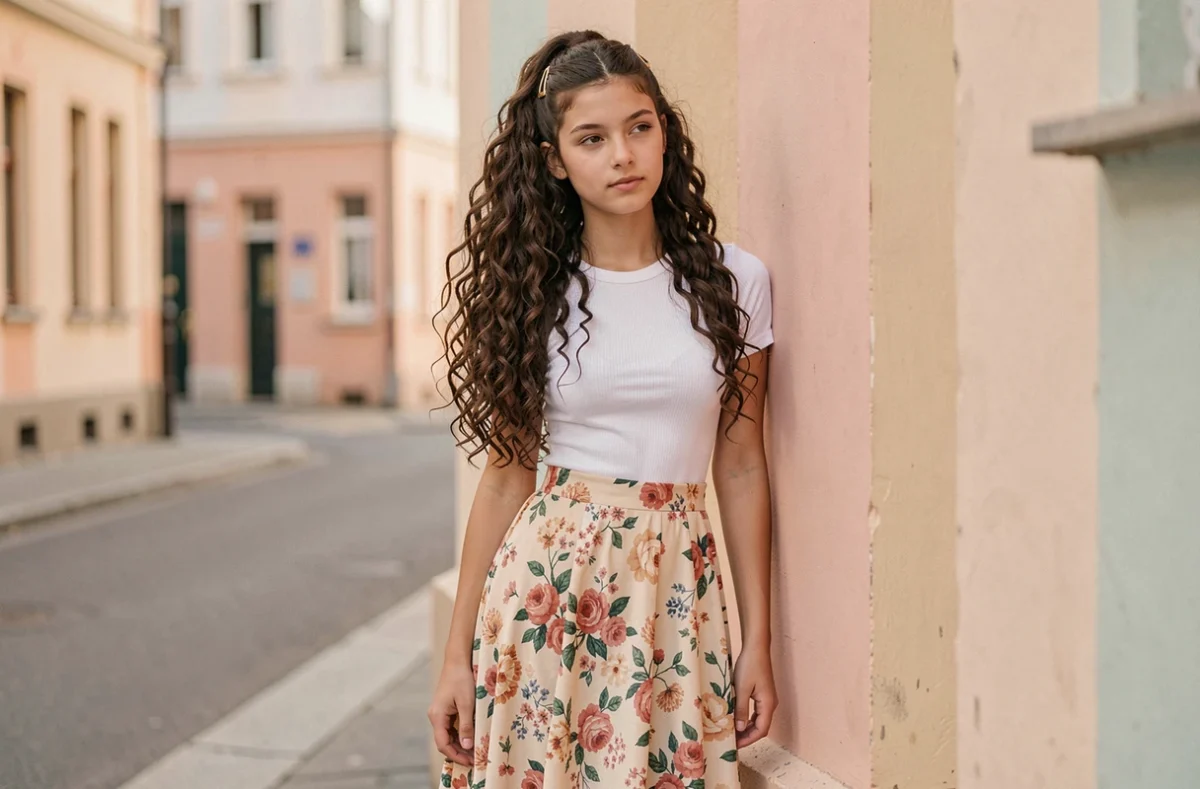 Jeune fille ado avec coiffure demi-queue sur cheveux longs bouclés bruns, style moderne en extérieur urbain avec épingles dorées